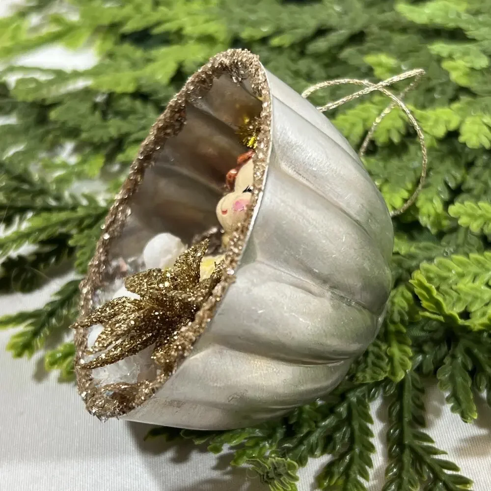 Vintage Round Tart Tin Angel Snow Diorama Mid Century Style Glitter Ornament